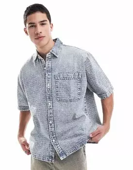 Рубашка Pull&Bear из фактурного денима в клетку синего цвета