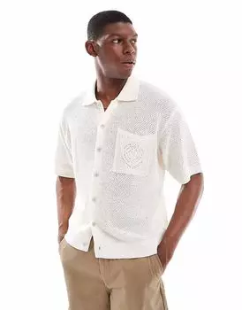 Рубашка Pull&Bear из тонкого трикотажа с вышитым карманом цвета экрю