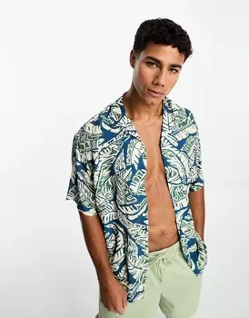 Рубашка Pull&bear Multi Leaf Print, синий
