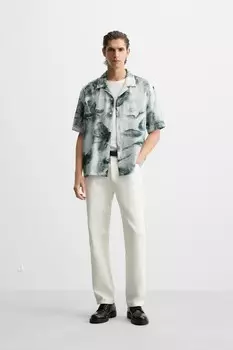 Рубашка с абстрактным принтом ZARA, зеленый/экрю