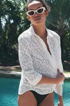 Рубашка с ажурной вышивкой ZARA, белый