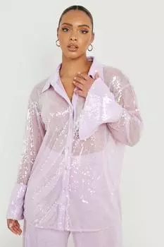 Рубашка с байетками и глубоким манжетами Boohoo, сиреневый