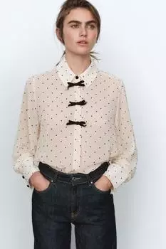 Рубашка с бантиками в горошек ZARA, экрю/черный