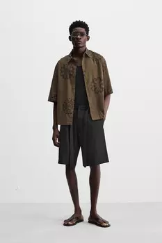 Рубашка с цветочной вышивкой ZARA, коричневый