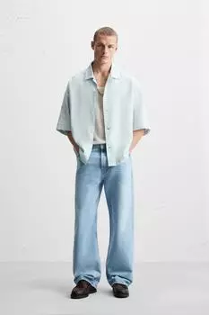 Рубашка с цветочной вышивкой ZARA, светло-голубой