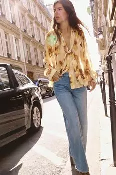 Рубашка с цветочным принтом ZARA, цвет Ecru/Yellow