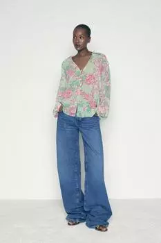 Рубашка с цветочным принтом ZARA, разноцветный