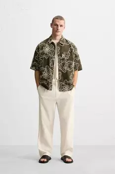 Рубашка с цветочным принтом ZARA, темный хаки