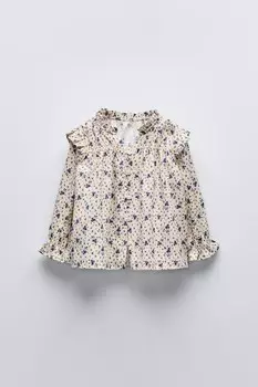 Рубашка с цветочным рисунком и оборкой ZARA, экрю