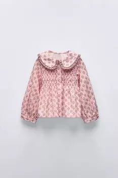 Рубашка с цветочным воротником ZARA, розовый