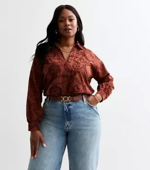 Рубашка с длинным рукавом Curves Rust Broderie New Look, бордовый