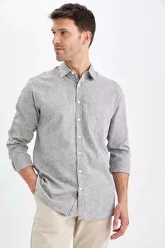 Рубашка с длинным рукавом из смесового льна Modern Fit DeFacto, серый