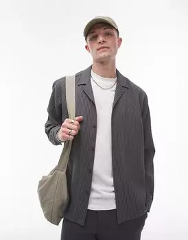 Рубашка с длинным рукавом, стандартный крой, плиссированная, угольного цвета Topman