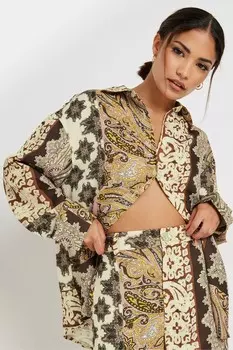 Рубашка с длинным рукавом в стиле бохо пэчворк Pixiegirl Petite, коричневый