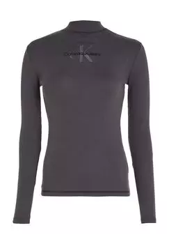 Рубашка с длинным рукавом, воротник стойка, в рубчик, вышивка, женская Calvin Klein Jeans, цвет Washed Black