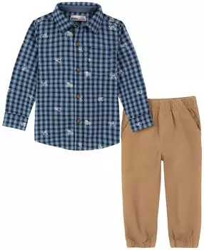 Рубашка с длинными рукавами и пуговицами в клетку для маленьких мальчиков и саржевые джоггеры, комплект из 2 предметов Kids Headquarters