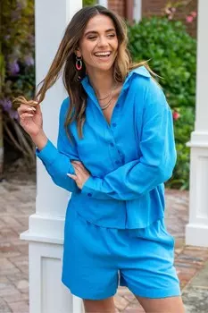 Рубашка с длинными рукавами из смесового льна на пуговицах крапивника Pour Moi, синий