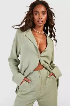 Рубашка с длинными рукавами свободного кроя из льна Boohoo, хаки