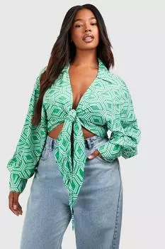 Рубашка с гео принтом plus завязка перед Boohoo, зеленый
