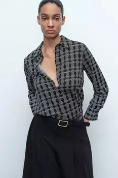 Рубашка с геометрическим принтом ZARA, черный/экрю