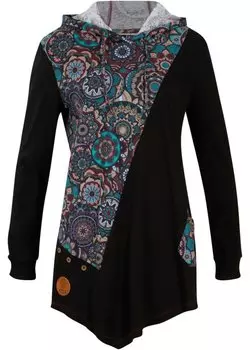 Рубашка с капюшоном и длинными рукавами заостренным краем и лоскутным узором Bpc Bonprix Collection, черный