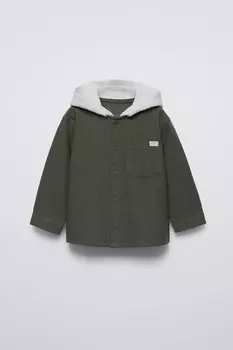 Рубашка с капюшоном и принтом ZARA, хаки