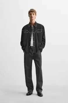 Рубашка с контрастной отделкой ZARA, черный