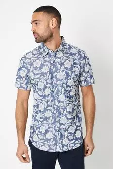 Рубашка с коротким рукавом из шамбре с цветочным принтом Burton, темно-синий
