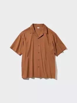 Рубашка с коротким рукавом из смеси модала и хлопка Uniqlo, цвет 35 коричневый