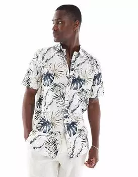 Рубашка с короткими рукавами и гавайским принтом Jack & Jones кремового цвета