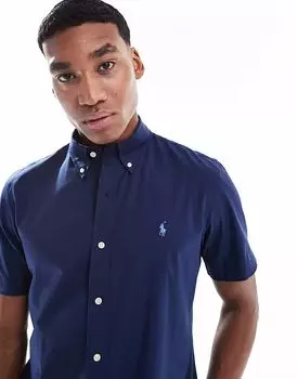 Рубашка с короткими рукавами и логотипом Polo Ralph Lauren из поплина, индивидуальная посадка, темно-синего цвета