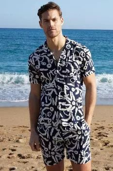 Рубашка с короткими рукавами и воротником-стойкой с абстрактным принтом 'Langdale' Threadbare, синий