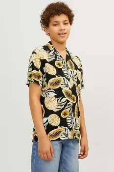 Рубашка с короткими рукавами и воротником-стойкой с принтом Jack & Jones Junior, черный