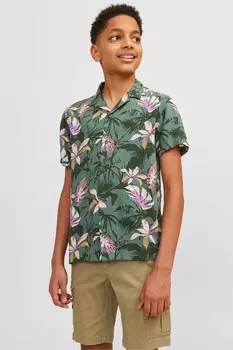 Рубашка с короткими рукавами и воротником-стойкой с принтом Jack & Jones Junior, зеленый