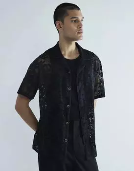 Рубашка с короткими рукавами из цветочного кружева черного цвета River Island