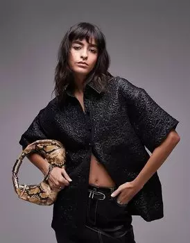 Рубашка с короткими рукавами из фактурного жаккарда черного цвета Topshop