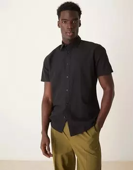 Рубашка с короткими рукавами из отборного льна черного цвета Selected Homme