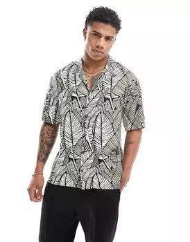 Рубашка с кубинским воротником и принтом в виде листьев по всей поверхности потертости