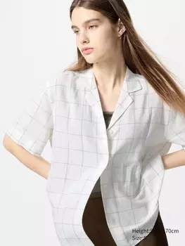 Рубашка с открытым воротником из льняной смеси, короткий рукав Uniqlo, цвет 00 белый