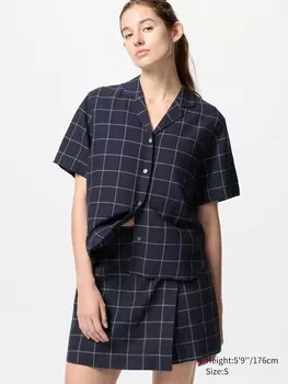Рубашка с открытым воротником из льняной смеси клетчатая с коротким рукавом Uniqlo, цвет 69 синий