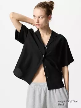 Рубашка с открытым воротником из смесового льна Uniqlo, цвет 09 черный