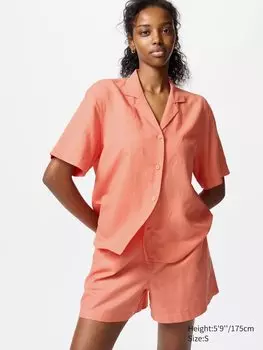 Рубашка с открытым воротником из смесового льна Uniqlo, цвет 23 оранжевый