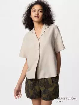 Рубашка с открытым воротником из смесового льна Uniqlo, цвет 31 бежевый