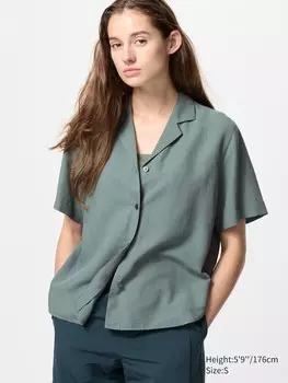 Рубашка с открытым воротником из смесового льна Uniqlo, цвет 54 зеленый