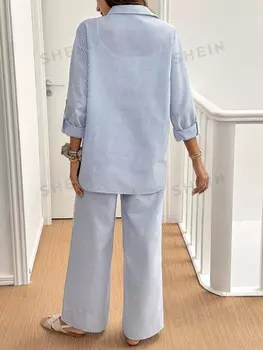 Рубашка с открытыми плечами и широкие брюки с принтом Frenchy Shein, синий/белый