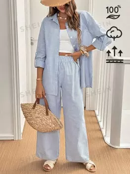 Рубашка с открытыми плечами и широкие брюки с принтом Frenchy Shein, синий/белый