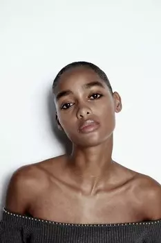 Рубашка с открытыми плечами и жемчужной отделкой H&M, серый