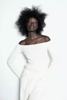 Рубашка с открытыми плечами и жемчужной отделкой H&M, бежевый