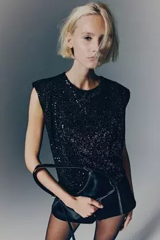 Рубашка с пайетками и подплечниками H&M, черный