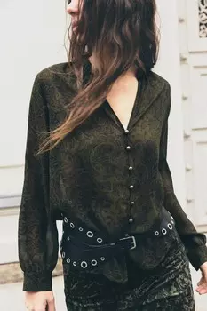 Рубашка с принтом и бархатной отделкой ZARA, черный/зеленый